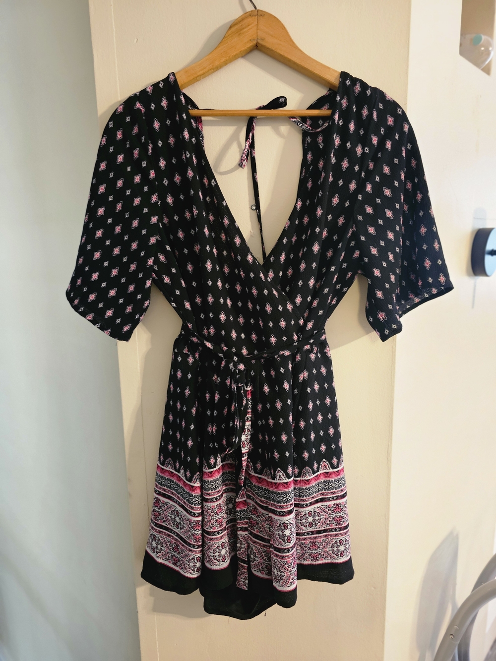 Black and Pink Printed Deep V-Neck Romper